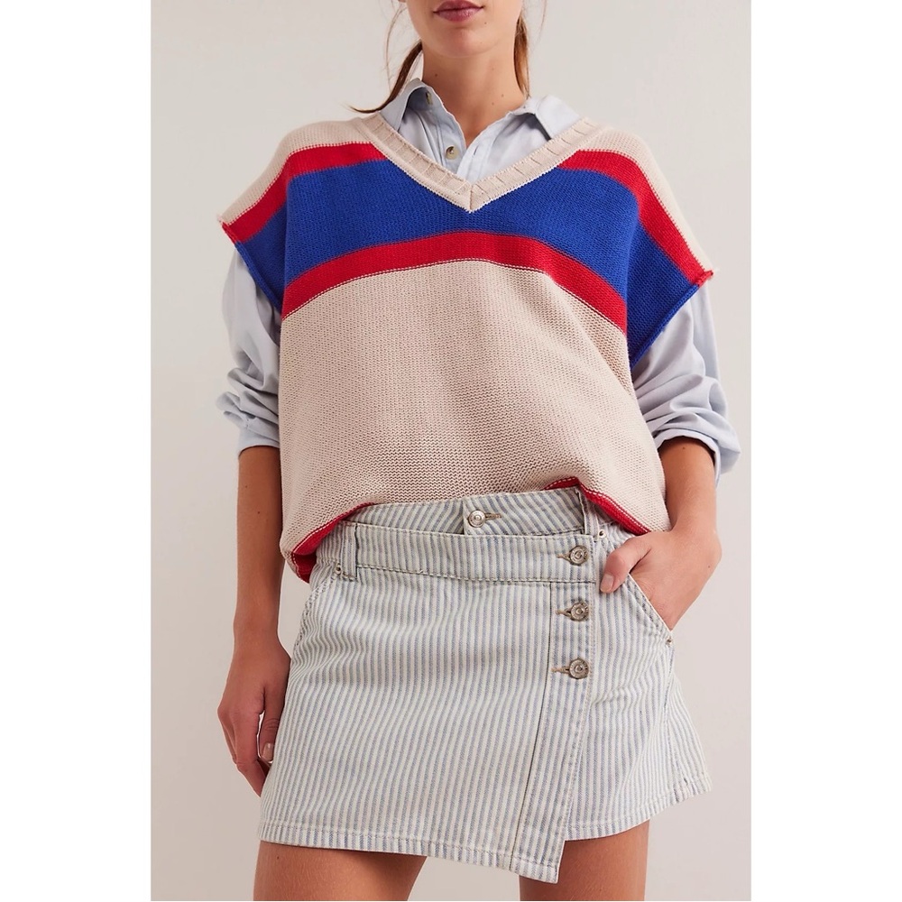 NWT Free People We The Free Wynne Railroad Stripe Denim Mini‎ Skirt Indigo Blue